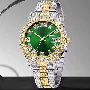 Elegant Green Crystal Accent Women's Watch - Two-Tone